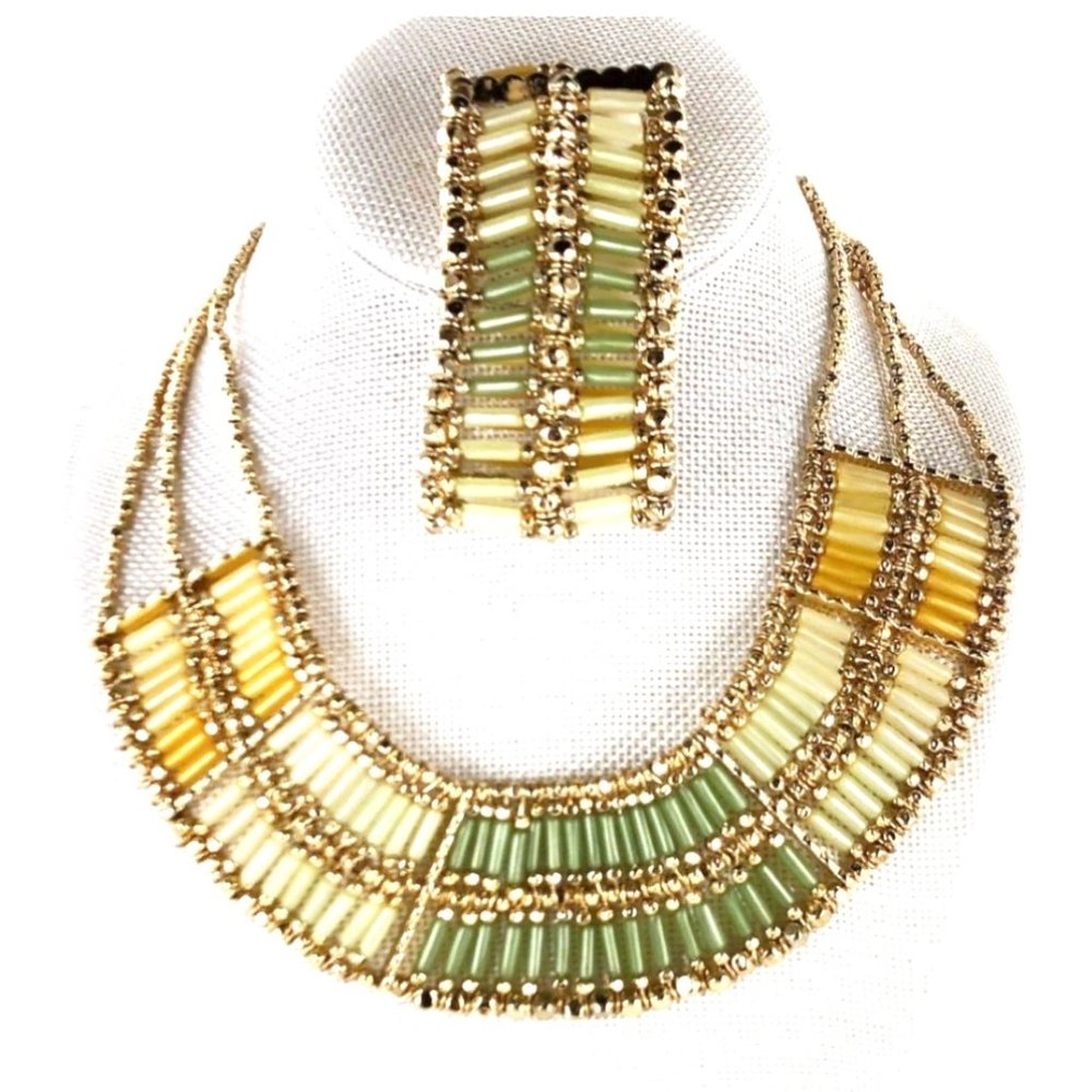 Chico's Statement Necklace Bracelet Set Green & Gold